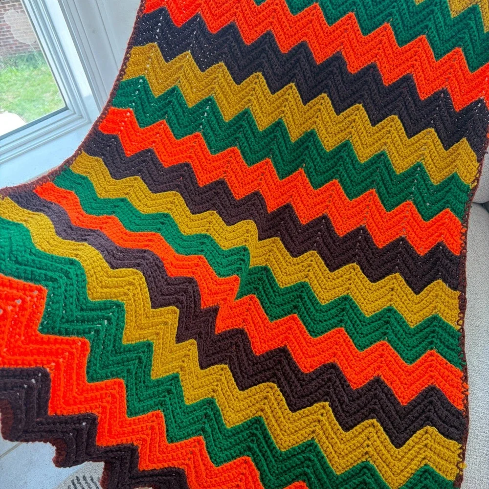 Vintage Handmade Crochet Chevron Ripple Afghan Blanket Orange Yellow Green Brown